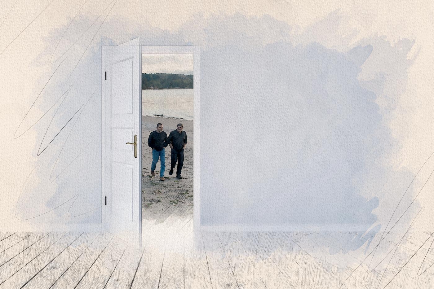 An open doorway showing Mark Pearson and Mike McCoy walking on the beach together