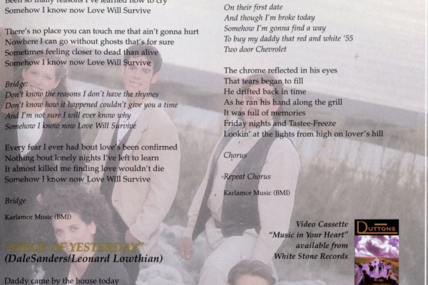 A copy of the lyrics of "Love Will Survive" from the Duttons' album