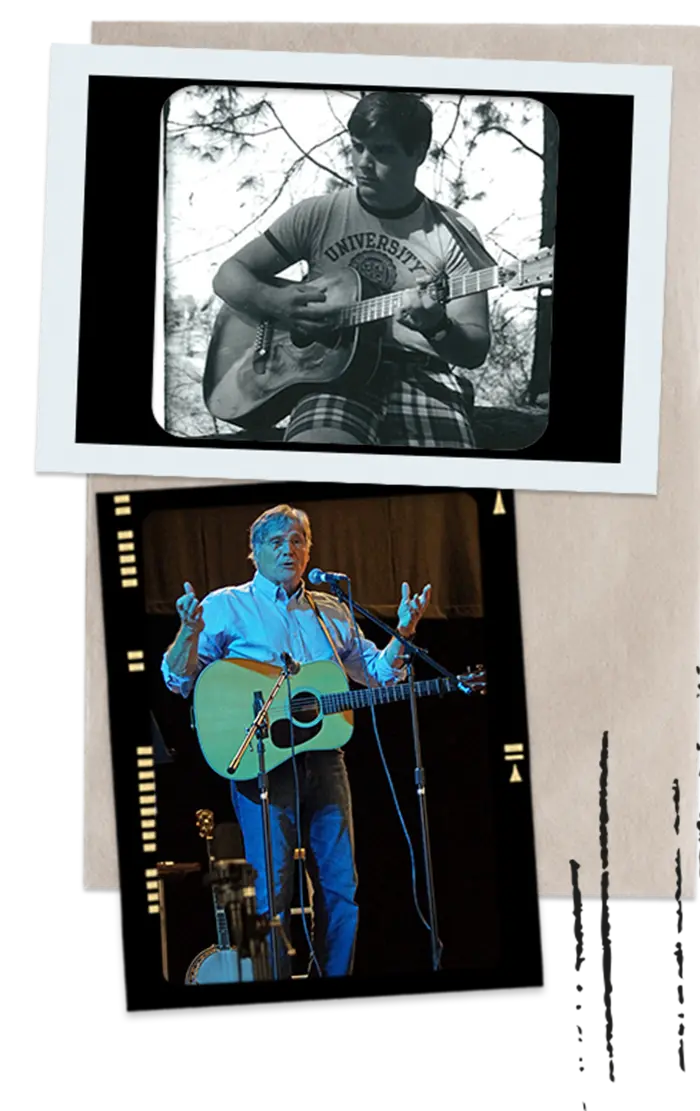 Mark at a young age in a t-shirt playing a guitar, an older Mark with outstretched arms wearing a guitar