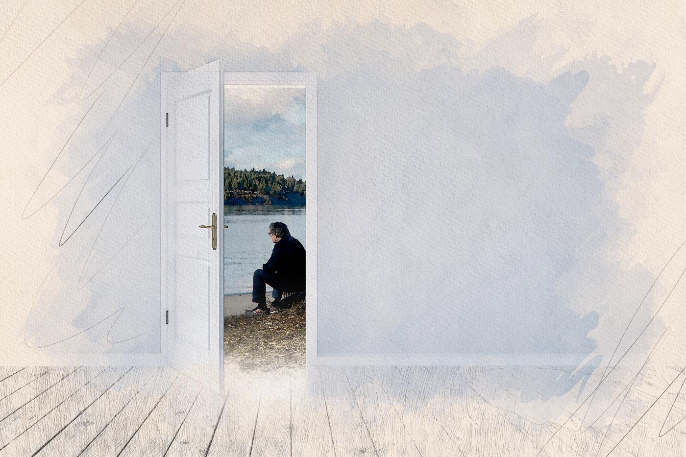 Image of an open doorway with Mark sitting on a beach look out over the water