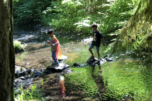 Boys walking across the stream