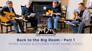 Back to the Big Room podcast image: Mark Pearson, John Buller, Mike Dwyer, Mike McCoy seating in a living room playing and singing