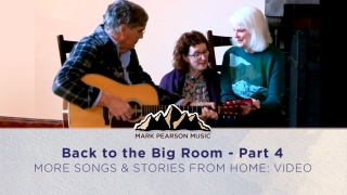 Back to the Big Room Part 4 podcast image: Mark, seated playing guitar chatting with his wife and a friend